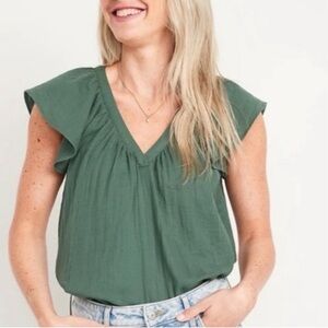 Old Navy Flutter-Sleeve V-Neck Swing Blouse Forest Shade Green Medium